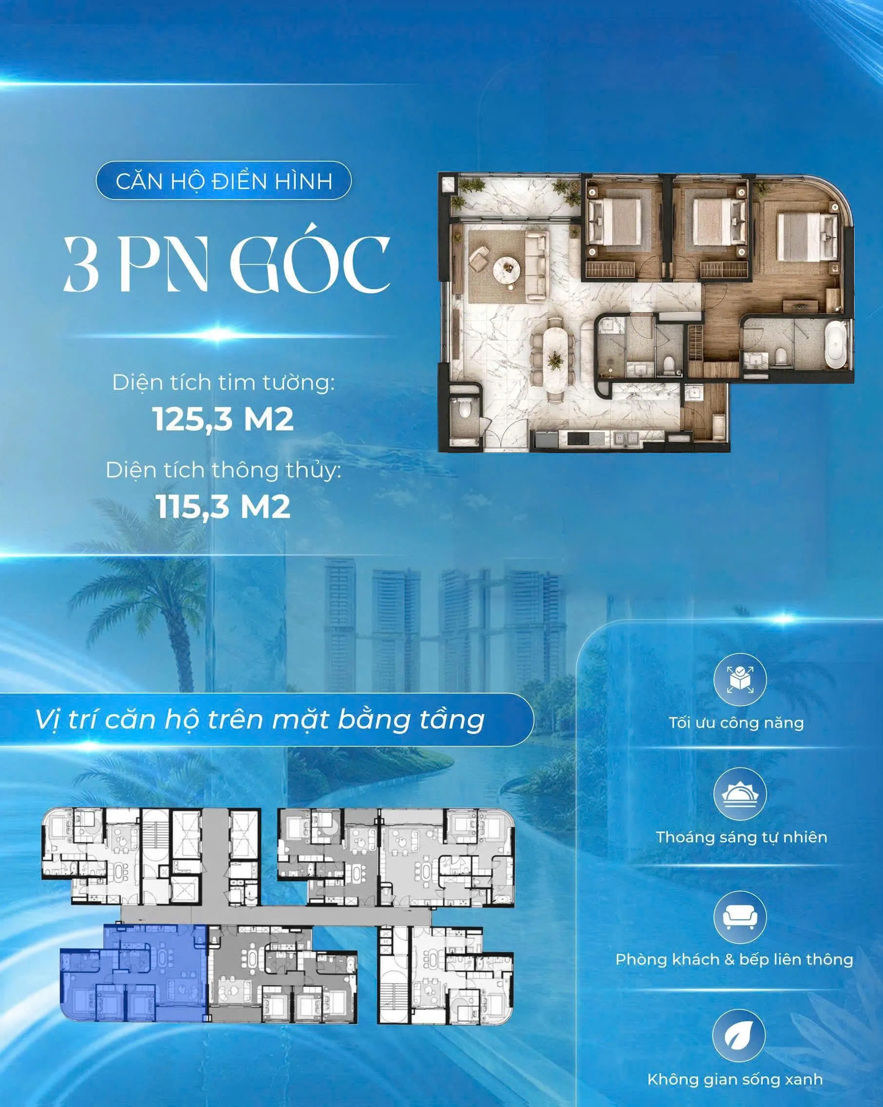 Layout căn 3 phòng ngủ góc